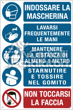 Multisimbolo: indossare la mascherina, lavarsi frequentemente le mani, mantenere la distanza di almeno 1 metro, starnutire e tossire nel gomito, non toccarsi la faccia - Coronavirus Covid-19